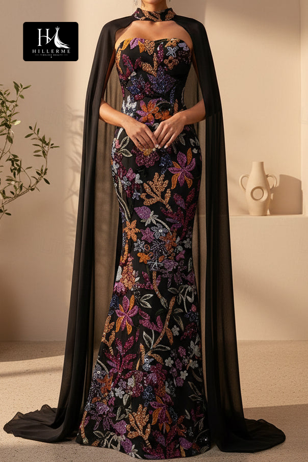 Floral Sequin Mermaid Gown with Chiffon Cape Detail