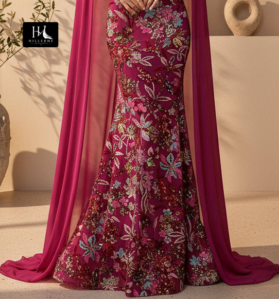 Floral Sequin Mermaid Gown with Chiffon Cape Detail