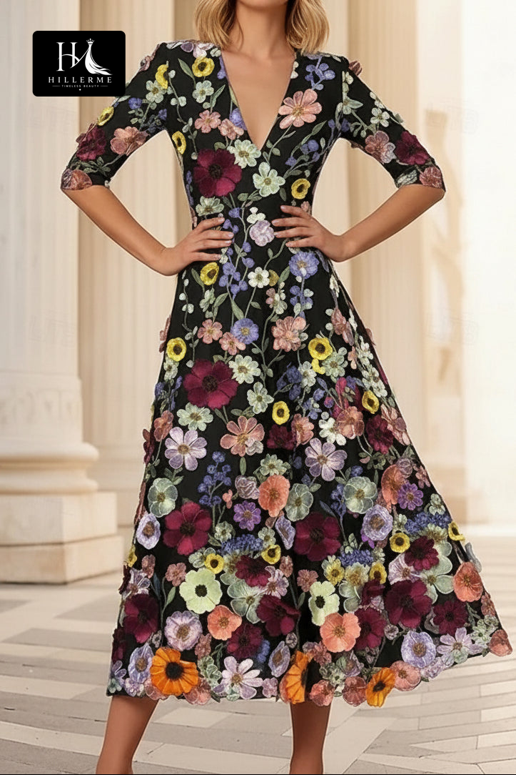 3D Floral Embroidered Deep V-Neck Midi Dress with Pockets