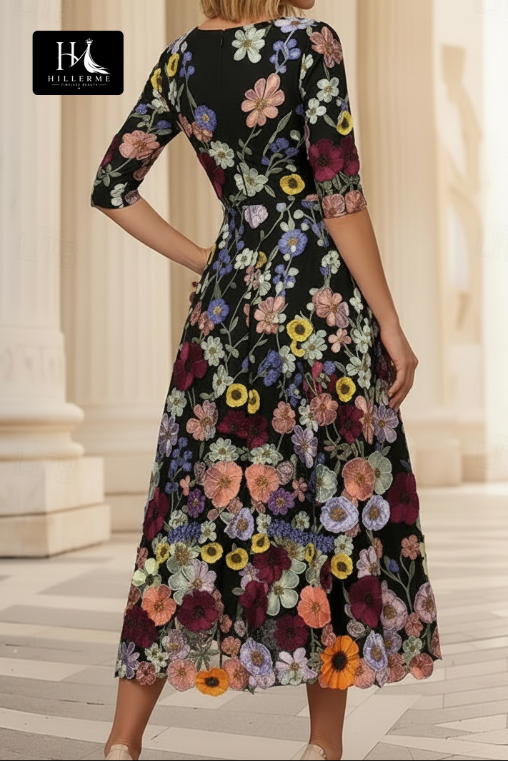 3D Floral Embroidered Deep V-Neck Midi Dress with Pockets