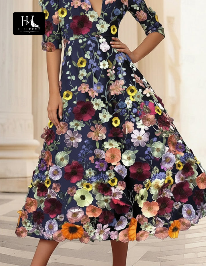 3D Floral Embroidered Deep V-Neck Midi Dress with Pockets