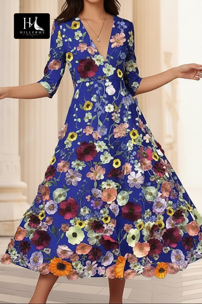 3D Floral Embroidered Deep V-Neck Midi Dress with Pockets