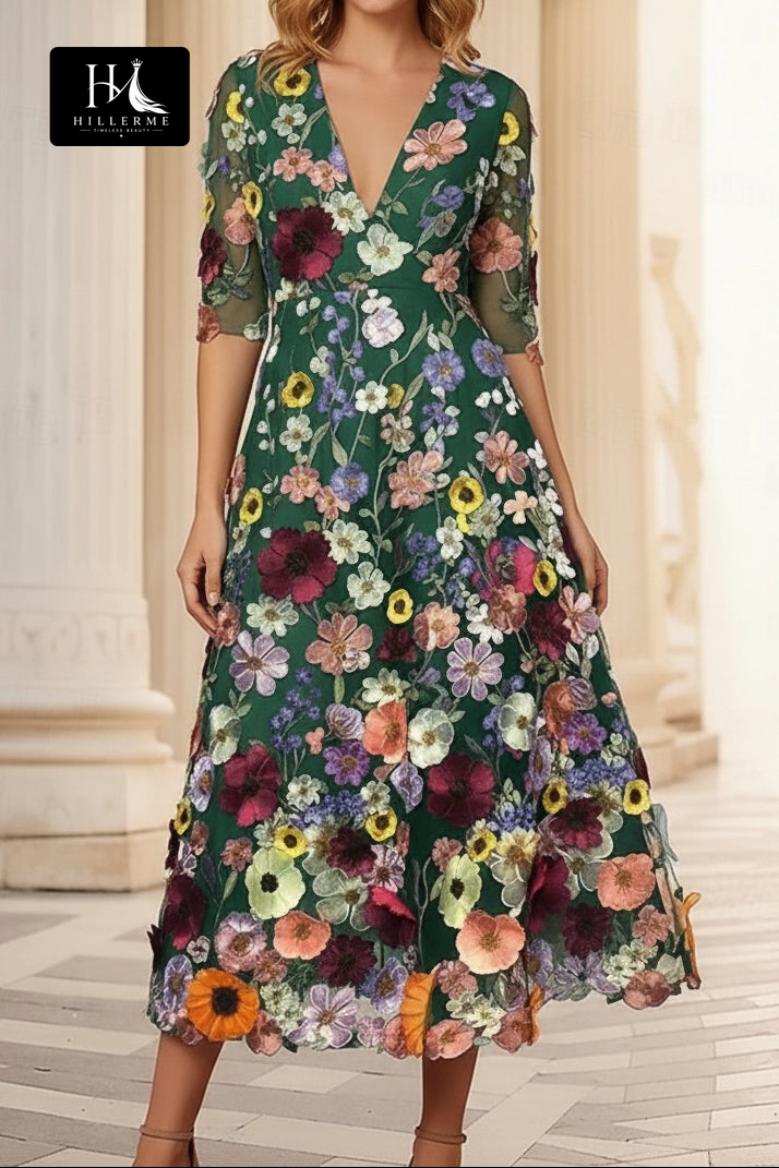 3D Floral Embroidered Deep V-Neck Midi Dress with Pockets