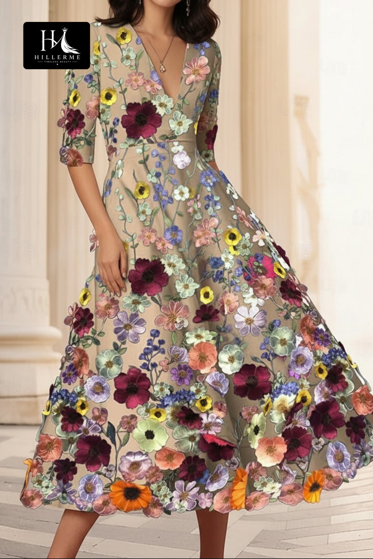 3D Floral Embroidered Deep V-Neck Midi Dress with Pockets