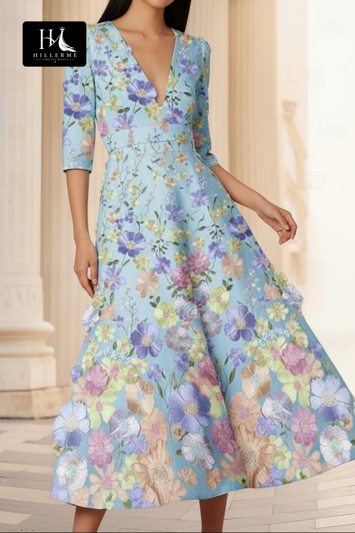 3D Floral Embroidered Deep V-Neck Midi Dress with Pockets