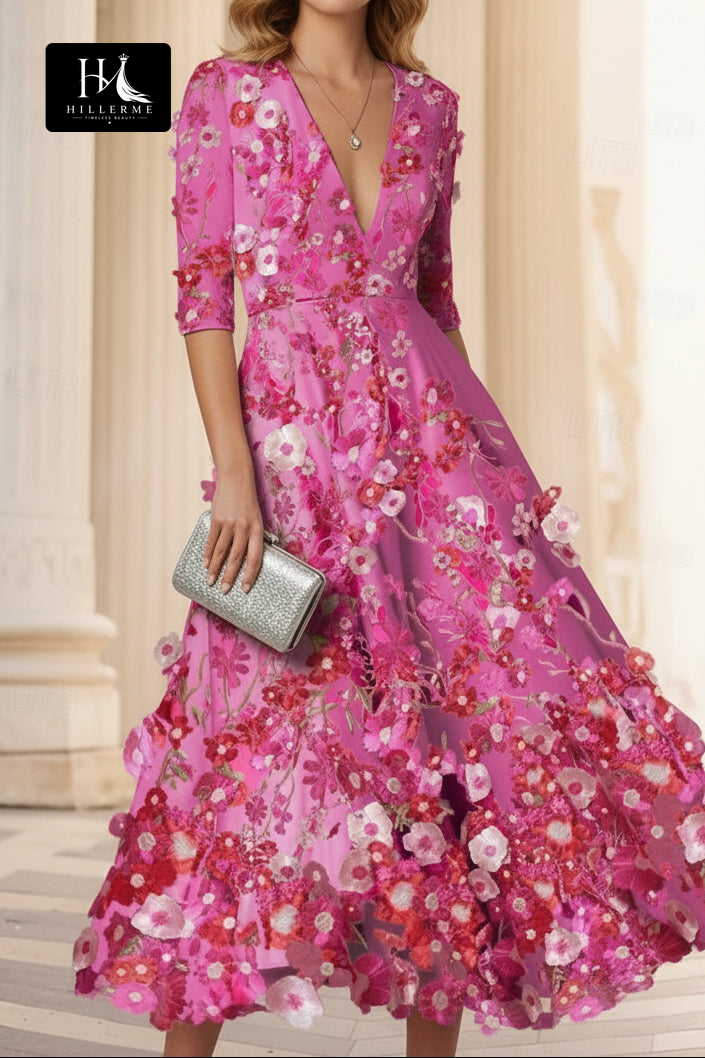 3D Floral Embroidered Deep V-Neck Midi Dress with Pockets
