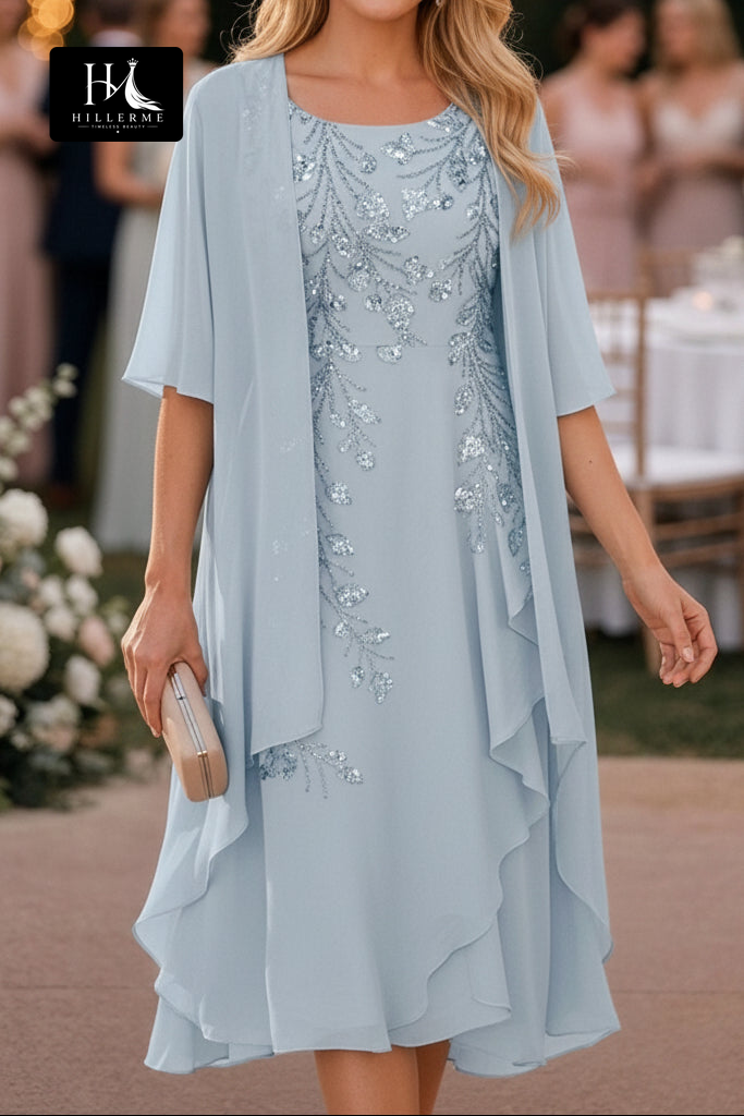 Knee-Length Sheath Dress with Sequin-Embroidered Chiffon Jacket