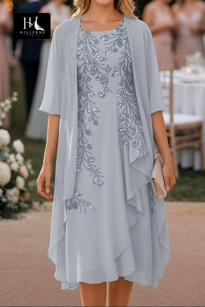 Knee-Length Sheath Dress with Sequin-Embroidered Chiffon Jacket