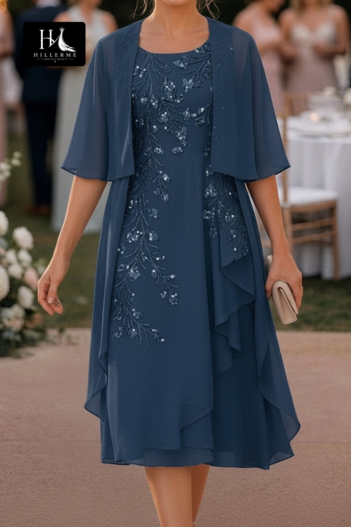 Knee-Length Sheath Dress with Sequin-Embroidered Chiffon Jacket