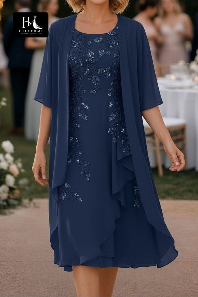 Knee-Length Sheath Dress with Sequin-Embroidered Chiffon Jacket