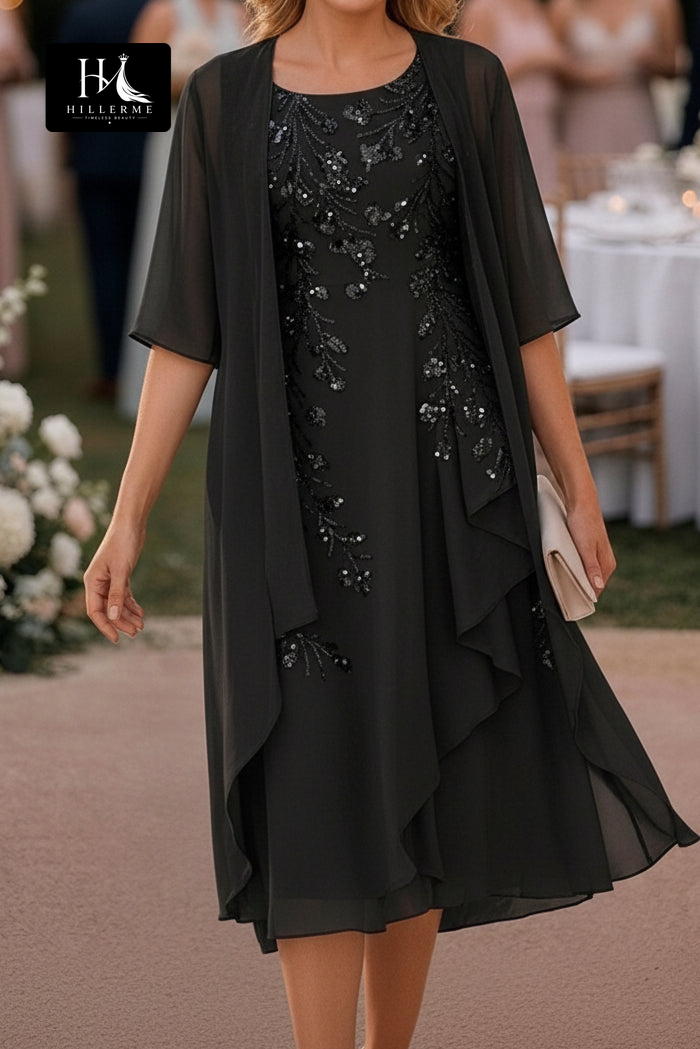 Knee-Length Sheath Dress with Sequin-Embroidered Chiffon Jacket