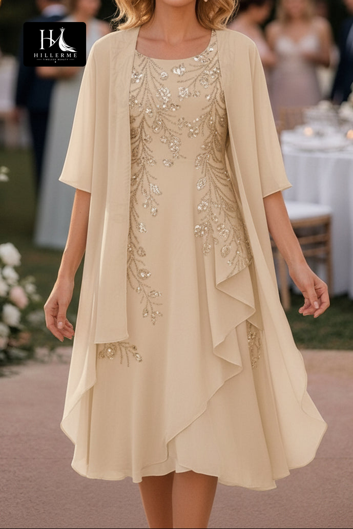 Knee-Length Sheath Dress with Sequin-Embroidered Chiffon Jacket