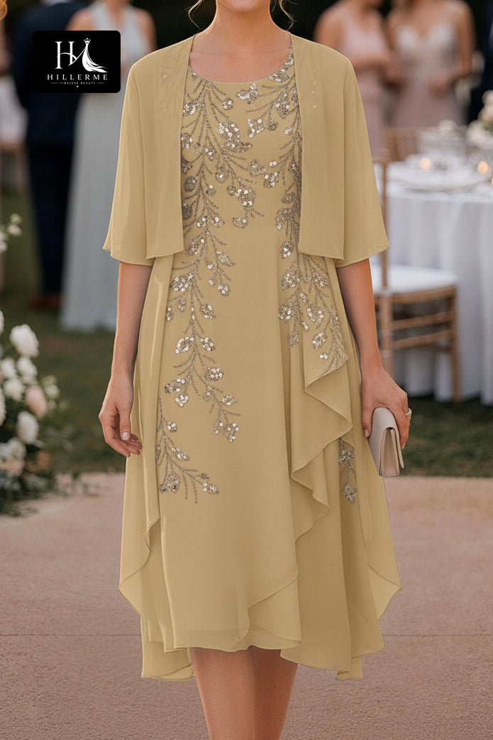 Knee-Length Sheath Dress with Sequin-Embroidered Chiffon Jacket