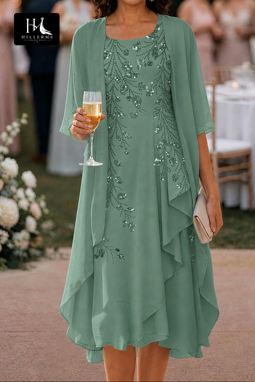 Knee-Length Sheath Dress with Sequin-Embroidered Chiffon Jacket