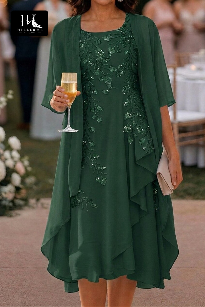 Knee-Length Sheath Dress with Sequin-Embroidered Chiffon Jacket