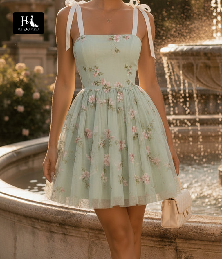 Floral Embroidered Tulle Mini Dress with Bow-Tied Shoulder Straps