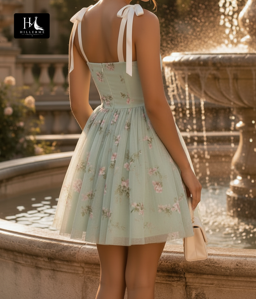 Floral Embroidered Tulle Mini Dress with Bow-Tied Shoulder Straps
