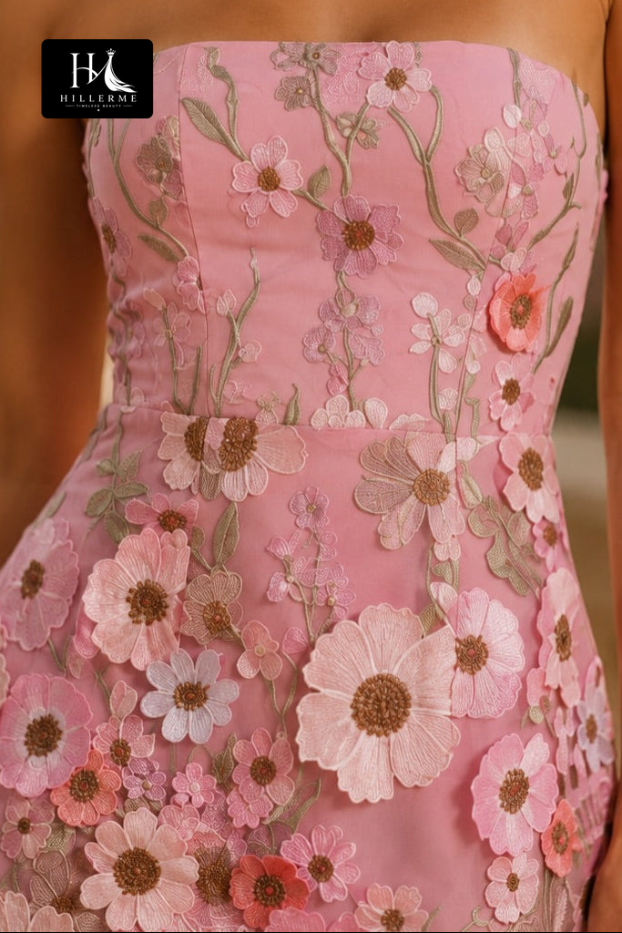 3D Floral Applique Strapless Mini Dress with Adjustable Lace-Up Back