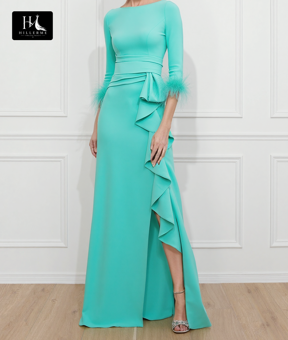 Scoop-Neck Mermaid Mother of the Bride Gown with 3/4 Sleeves, Pleated Satin and Slit Detail