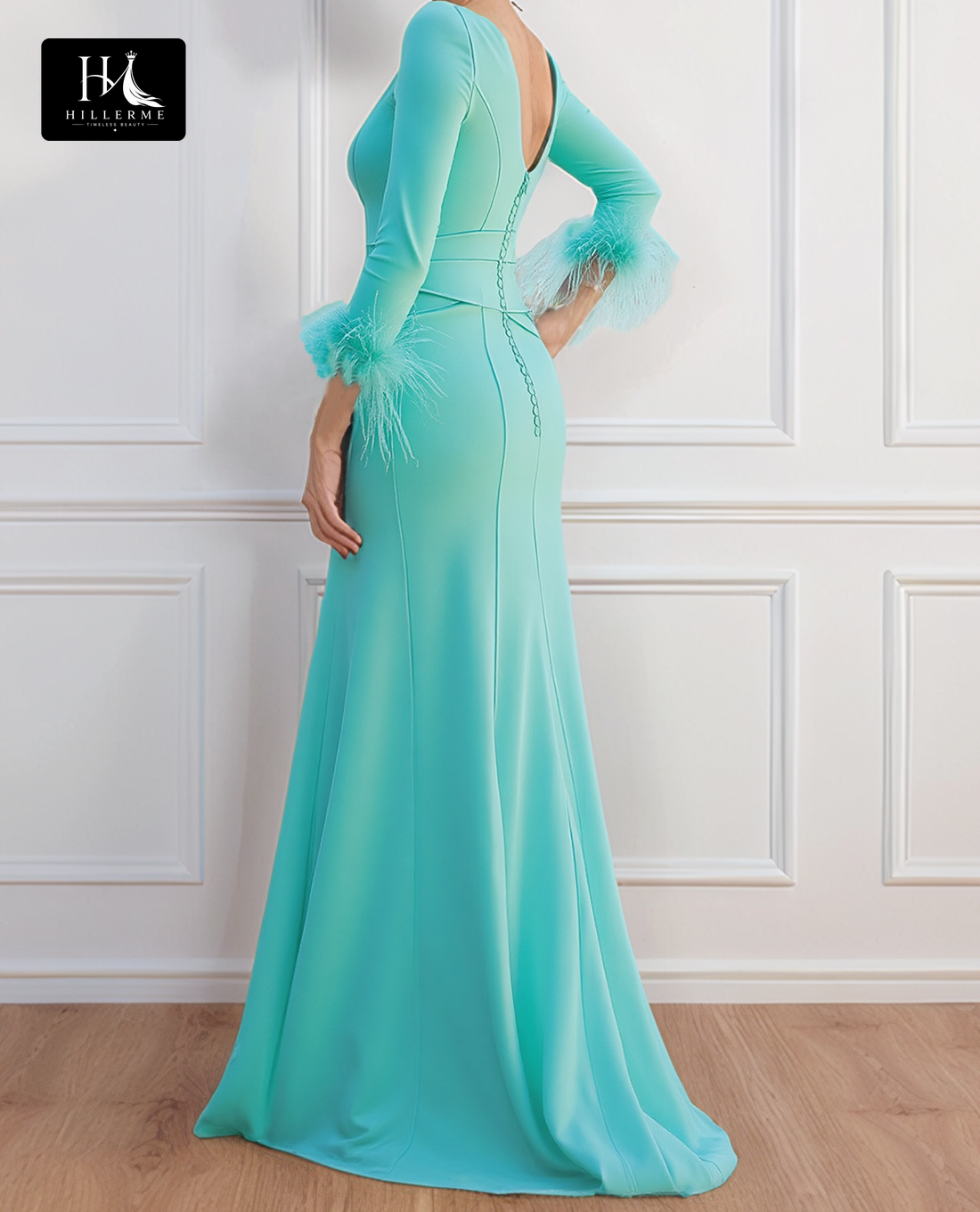 Scoop-Neck Mermaid Mother of the Bride Gown with 3/4 Sleeves, Pleated Satin and Slit Detail