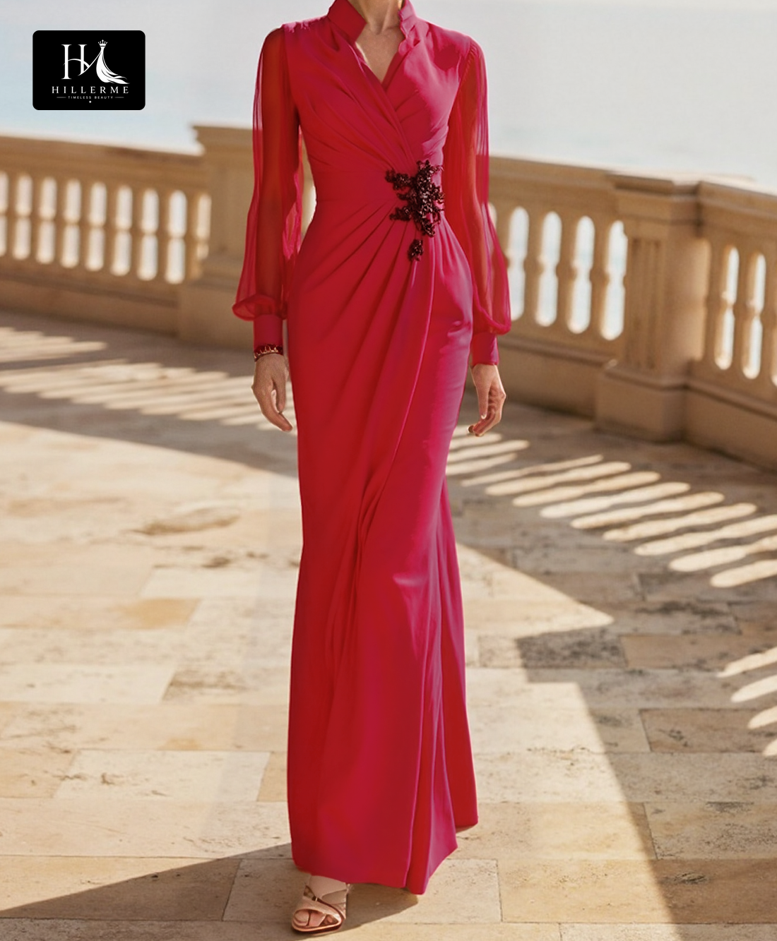 Beaded Pleated Mermaid Cocktail Gown with Long Sleeves for Mother of the Bride