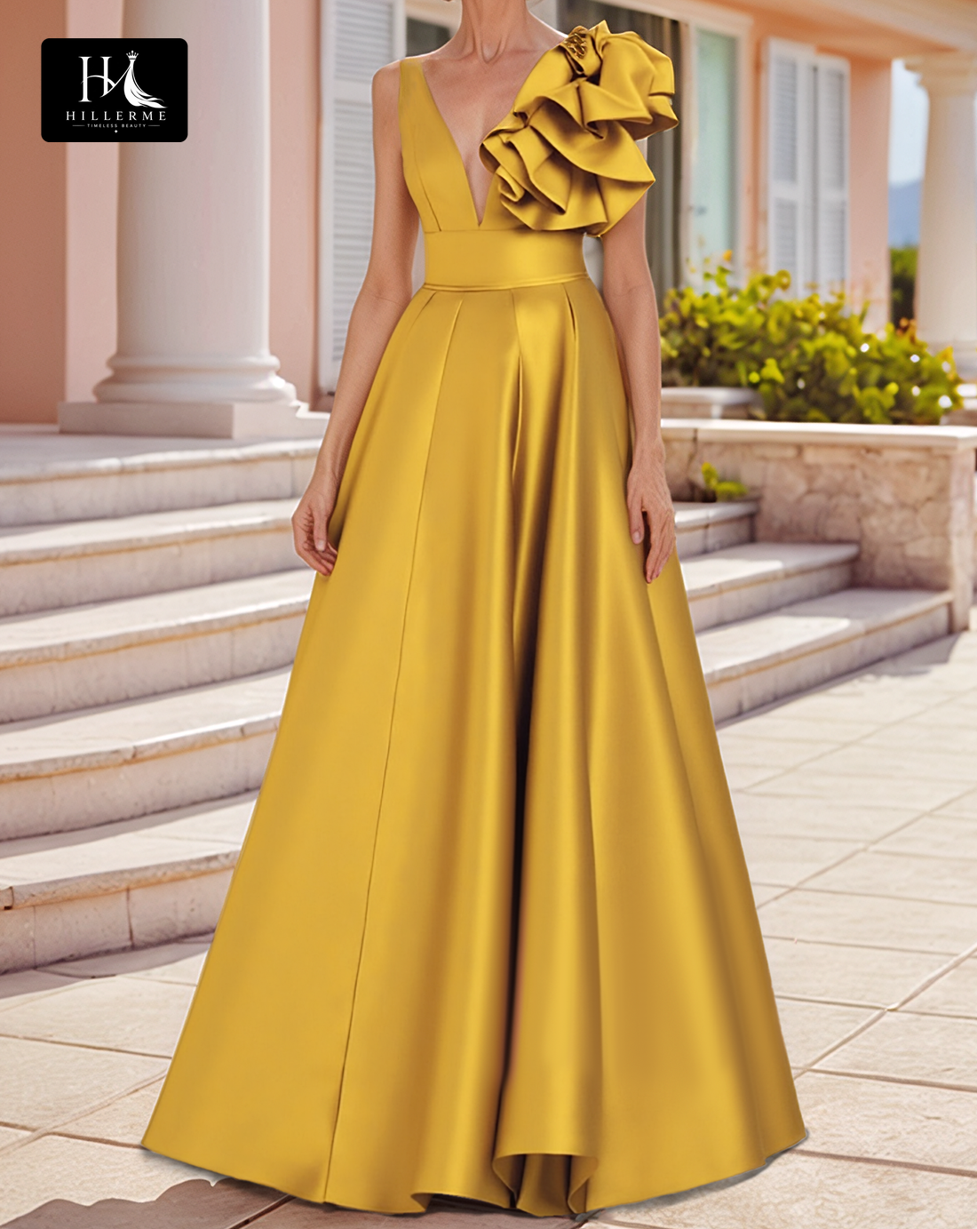 Floral Embossed Floor-Length A-Line Cocktail Gown with Deep V-Neck for Mother of the Bride