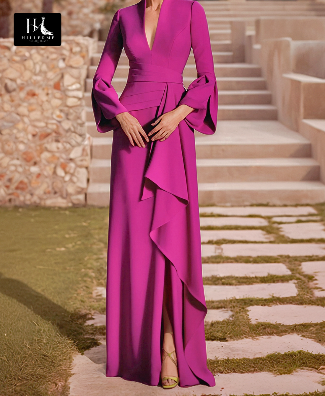 Mermaid Cocktail Gown with Plunging V-Neck, Long Sleeves, and Satin Pleats for Mother of the Bride