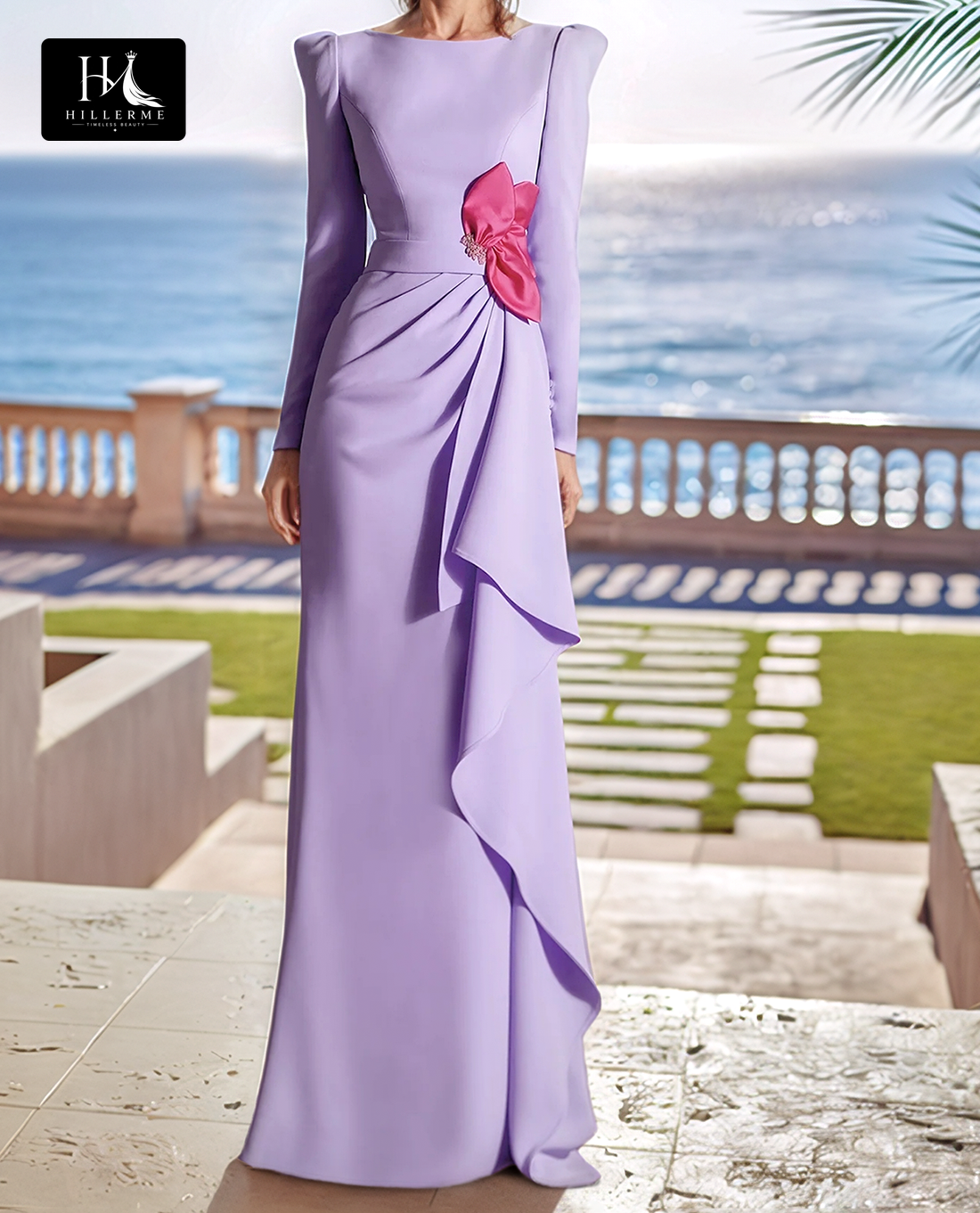 Pleated Satin Mermaid Cocktail Gown with Scoop Neck and Long Sleeves for Mother of the Bride