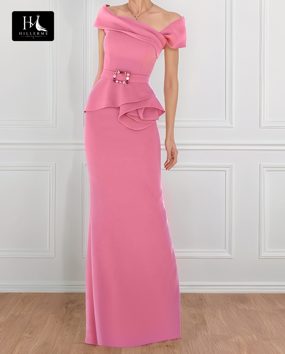 Asymmetrical-Neck Cap-Sleeve Mermaid Floor-Length Satin Cocktail Gown for Mother of the Bride