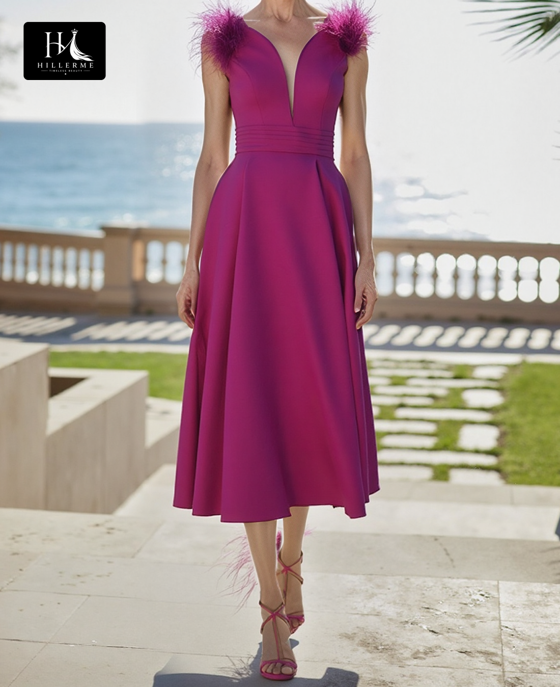 Sleeveless Off-Shoulder A-Line Mother of the Bride Dress with Deep V-Neck and Tea-Length Silhouette