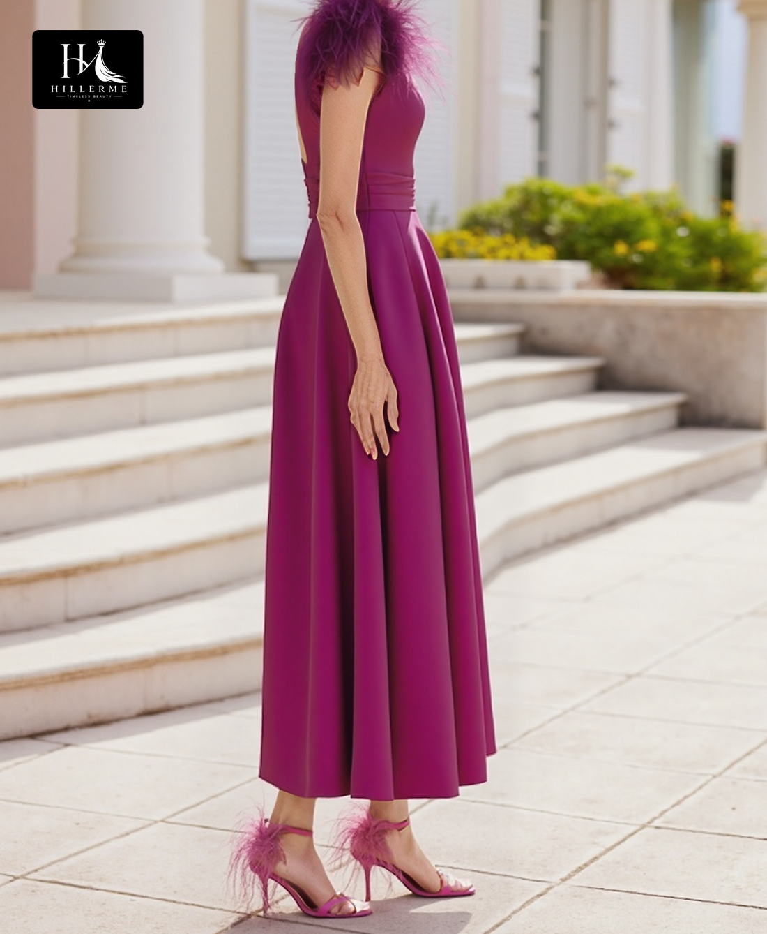 Sleeveless Off-Shoulder A-Line Mother of the Bride Dress with Deep V-Neck and Tea-Length Silhouette