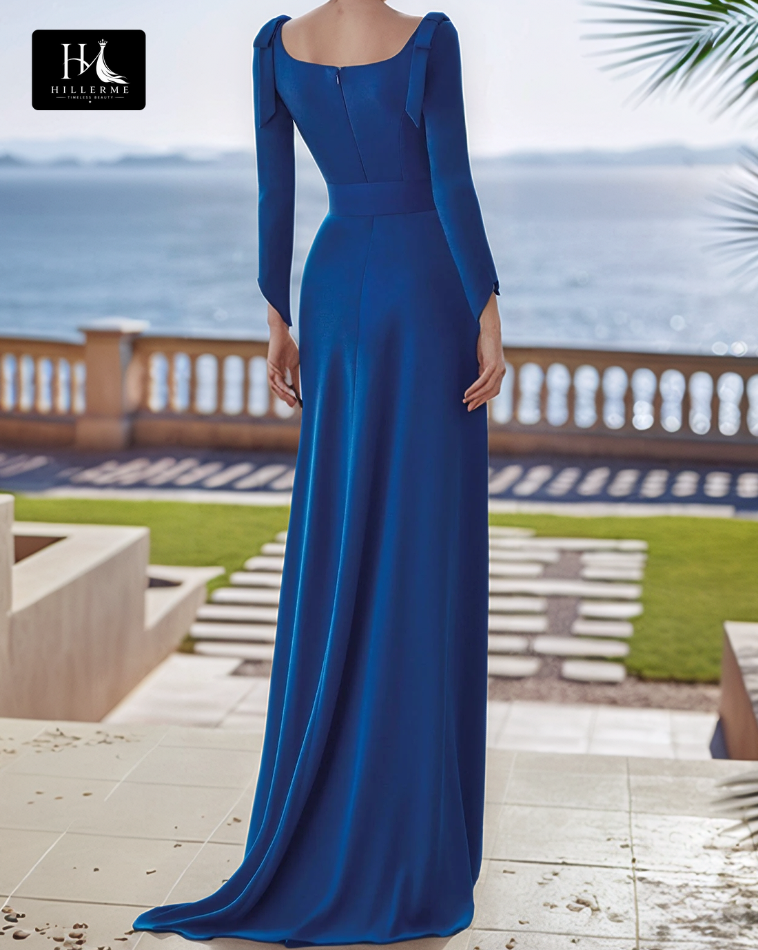 Square-Neck Long-Sleeve Pleated Floor-Length Satin Fitted Mother of the Bride Dress