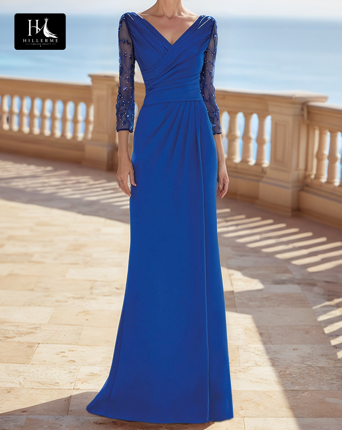 V-Neck 3/4 Sleeves Fitted Floor-Length Beaded Satin Cocktail Gown for Mother of the Bride