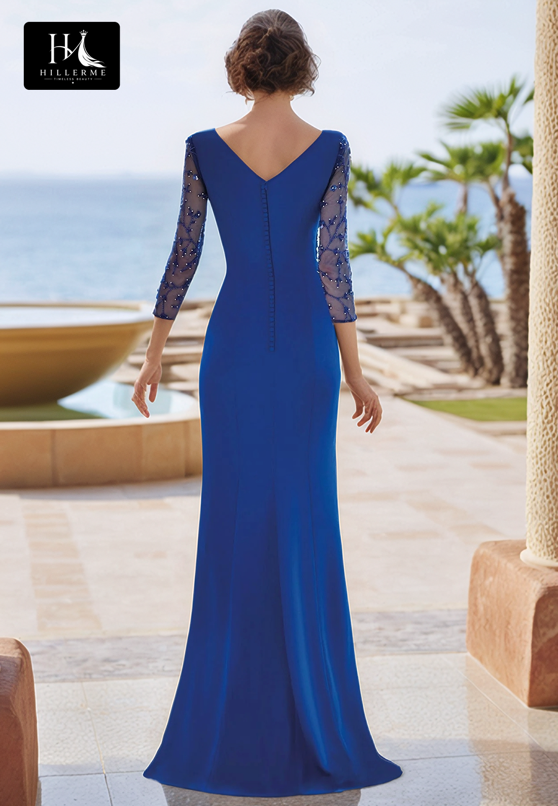 V-Neck 3/4 Sleeves Fitted Floor-Length Beaded Satin Cocktail Gown for Mother of the Bride