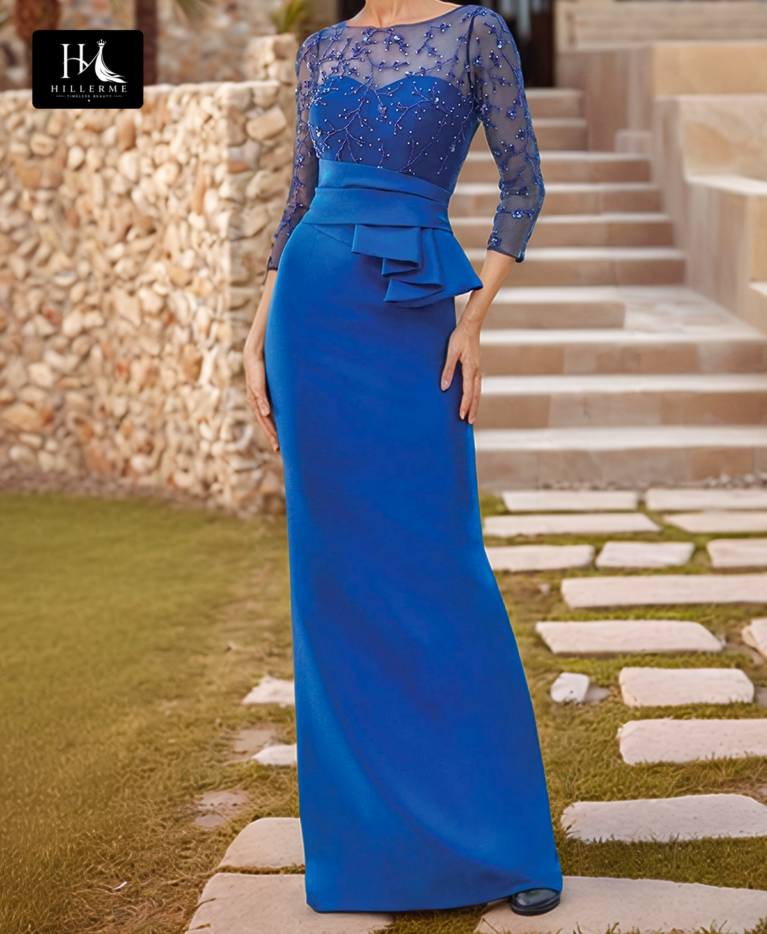 Scoop-Neck 3/4 Sleeves Beaded Mermaid Floor-Length Mother of the Bride Dress with Pleated Detailing