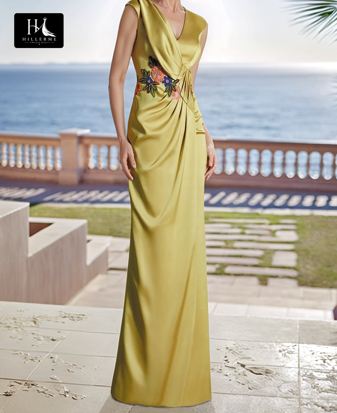 V-Neck Mermaid Cocktail Gown for Mother of the Bride with Embroidered Satin Panels and Pleated Detailing