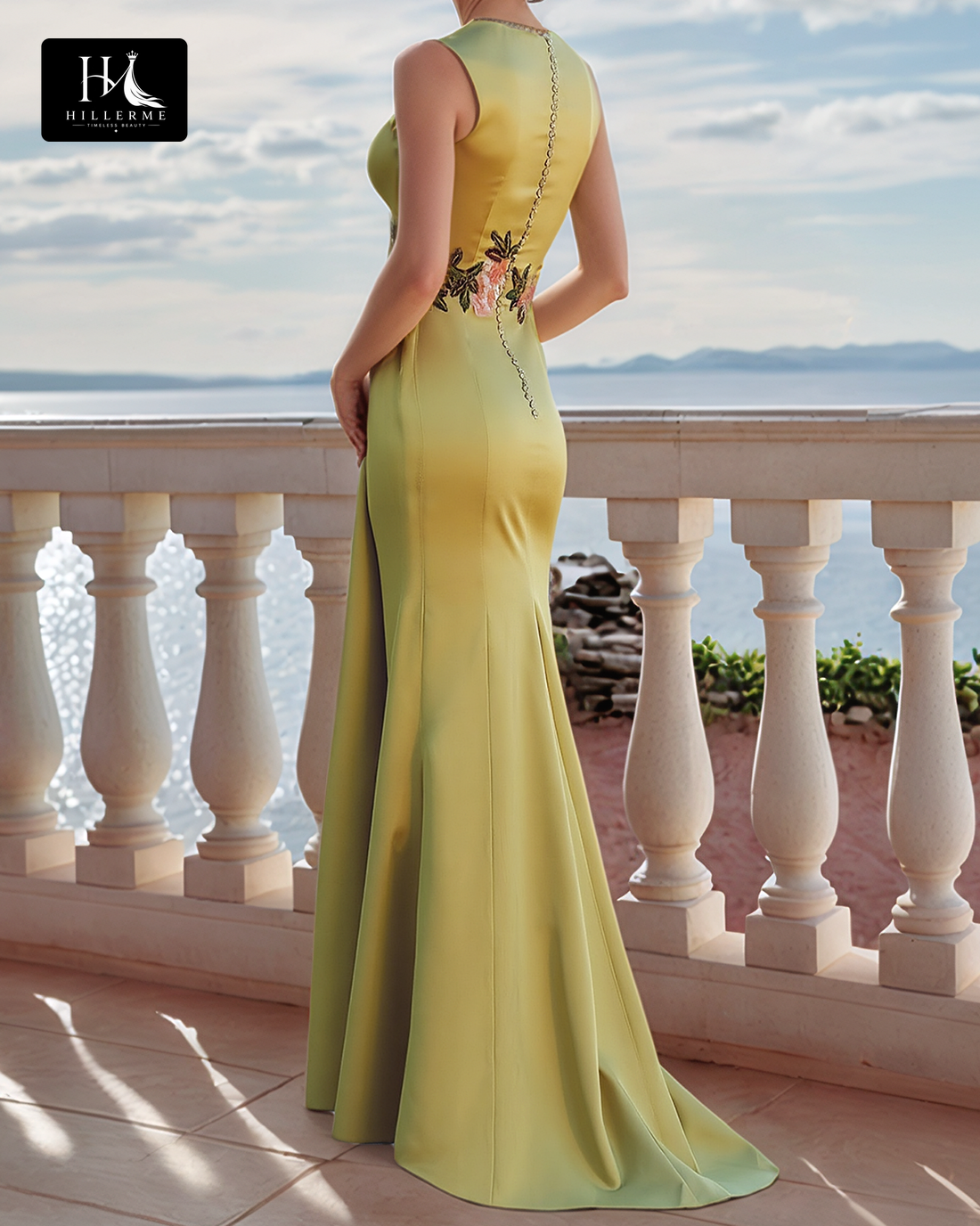 V-Neck Mermaid Cocktail Gown for Mother of the Bride with Embroidered Satin Panels and Pleated Detailing