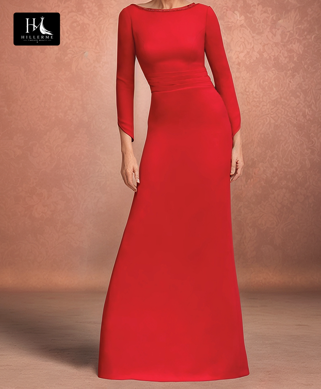 Scoop-Neck Long-Sleeve Mermaid Cocktail Gown with Pleated Floor-Length Design for Mother of the Bride