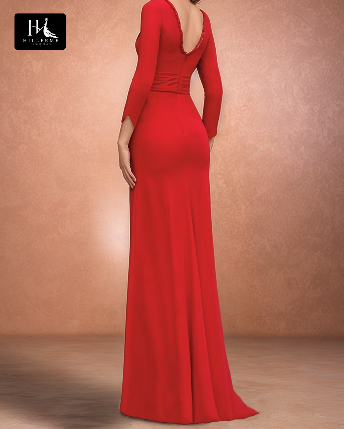 Scoop-Neck Long-Sleeve Mermaid Cocktail Gown with Pleated Floor-Length Design for Mother of the Bride