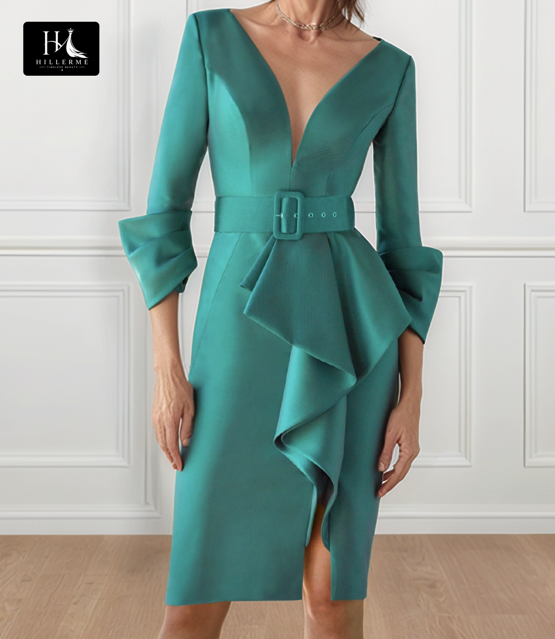 Simple Satin Mermaid Mother of the Bride Dress with Deep V-Neck and 3/4 Sleeves