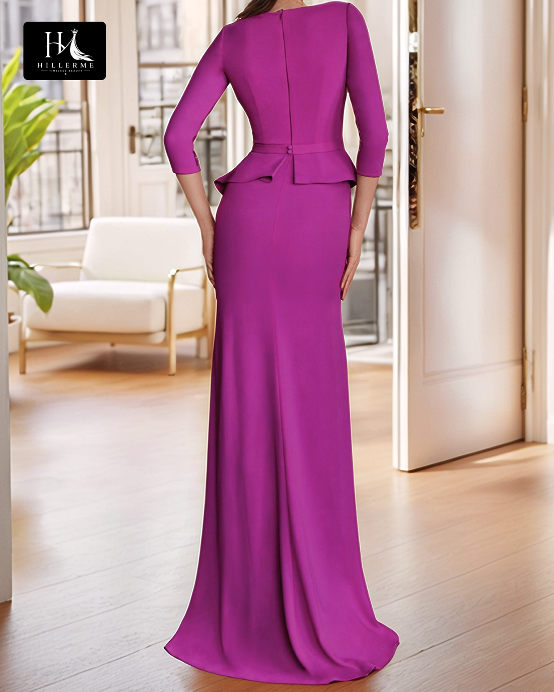 Asymmetrical V-Neck Mermaid Cocktail Gown with 3/4 Sleeves in Pleated Satin for Mother of the Bride