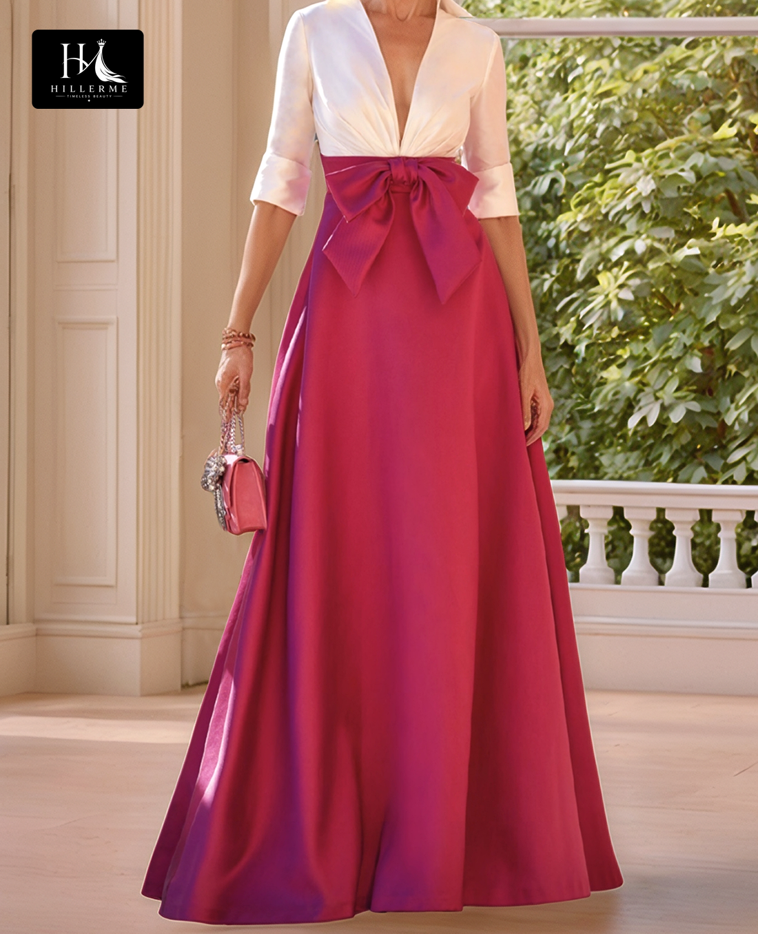 Pleated Two-Tone Satin A-Line Cocktail Dress with Half-Sleeves and Deep V-Neck for Mother of the Bride