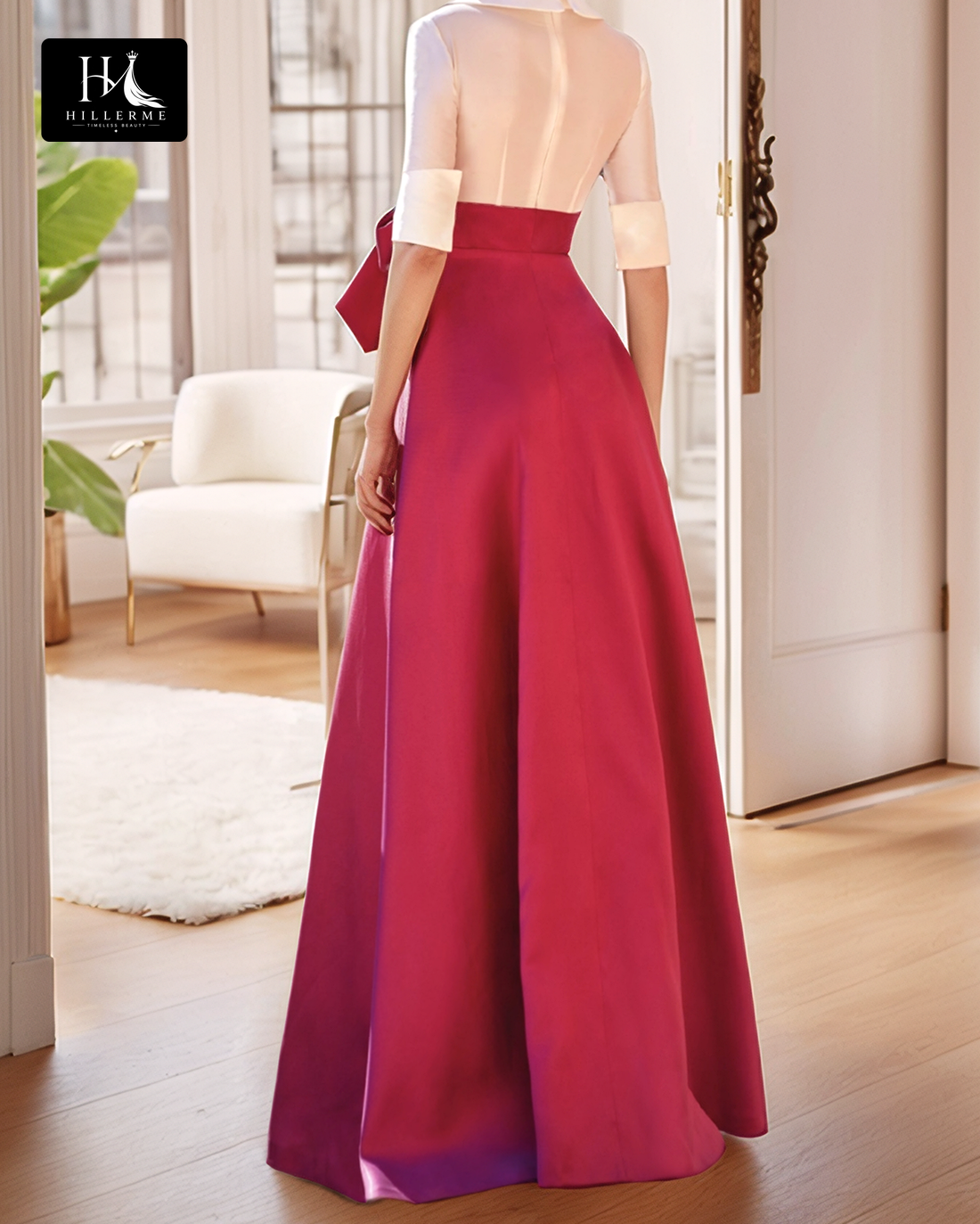 Pleated Two-Tone Satin A-Line Cocktail Dress with Half-Sleeves and Deep V-Neck for Mother of the Bride