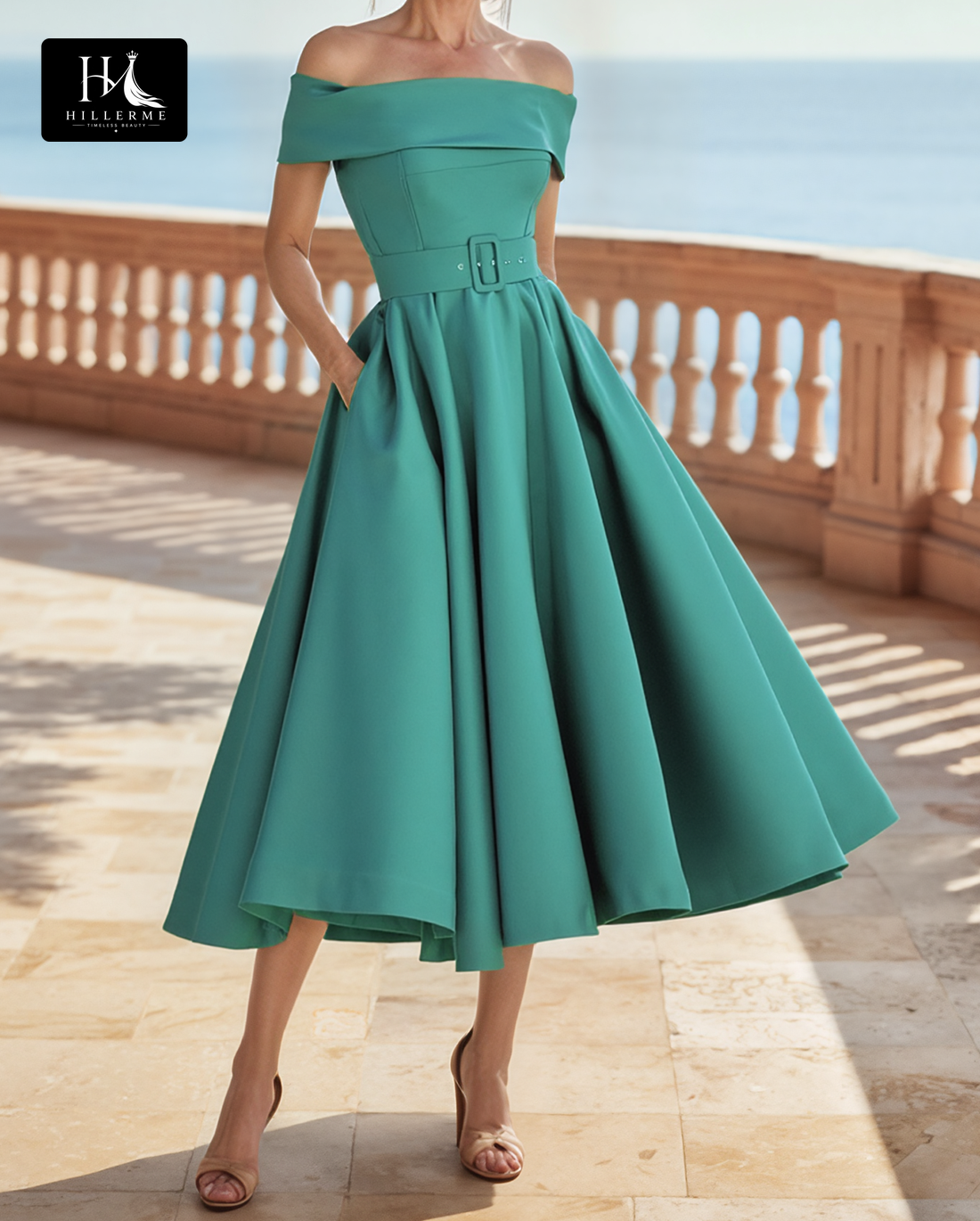 Sleeveless Off-Shoulder A-Line Mother of the Bride Dress with Pleated Tea-Length Hemline