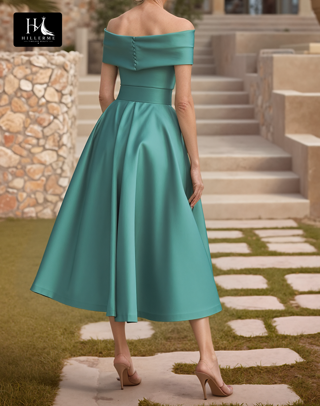 Sleeveless Off-Shoulder A-Line Mother of the Bride Dress with Pleated Tea-Length Hemline