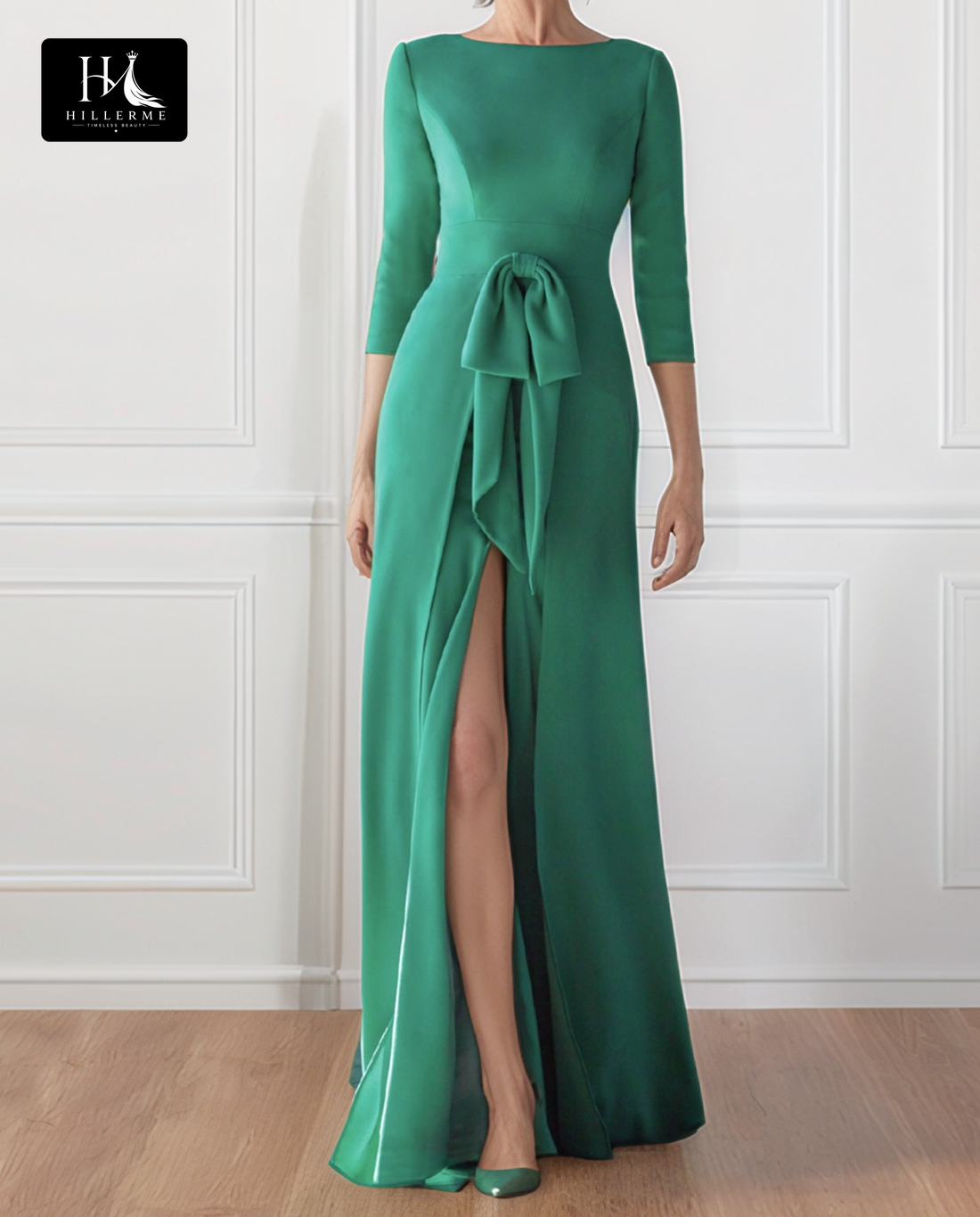 Elegant Scoop-Neck Satin Mermaid Mother of the Bride Dress with 3/4 Sleeves and High Slit