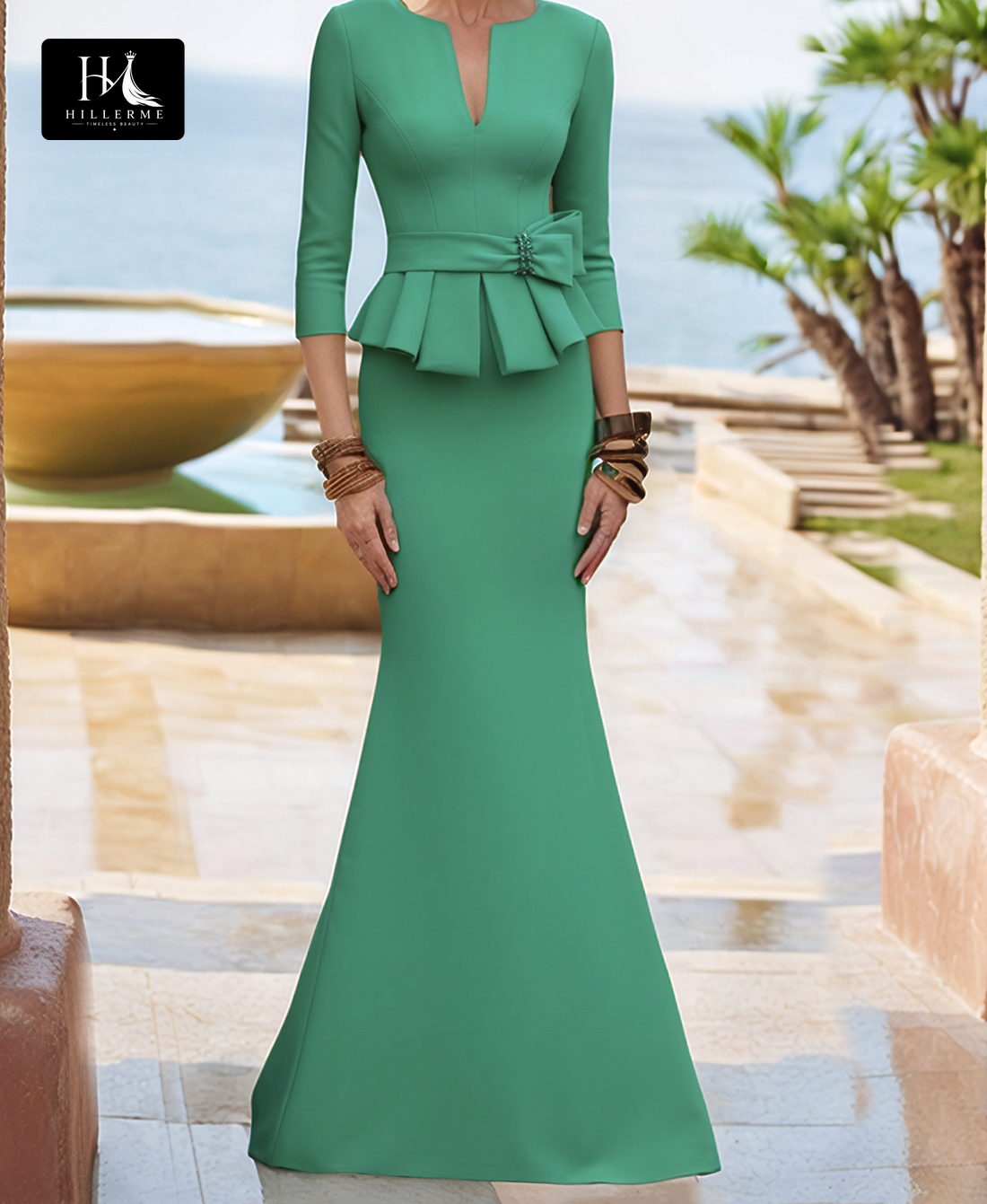 Satin Trumpet Mermaid Mother of the Bride Gown with Scoop V-Neck and 3/4 Sleeves
