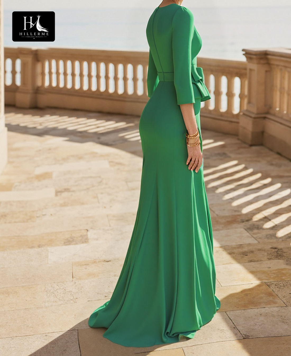Satin Trumpet Mermaid Mother of the Bride Gown with Scoop V-Neck and 3/4 Sleeves