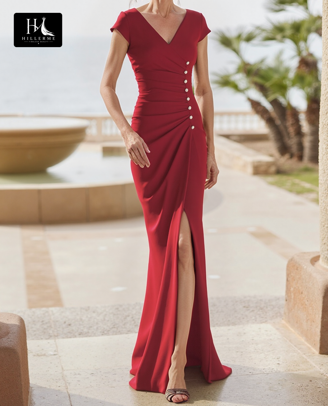 V-Neck Satin Mermaid Mother of the Bride Dress with Cap Sleeves and High Slit Cocktail Gowns