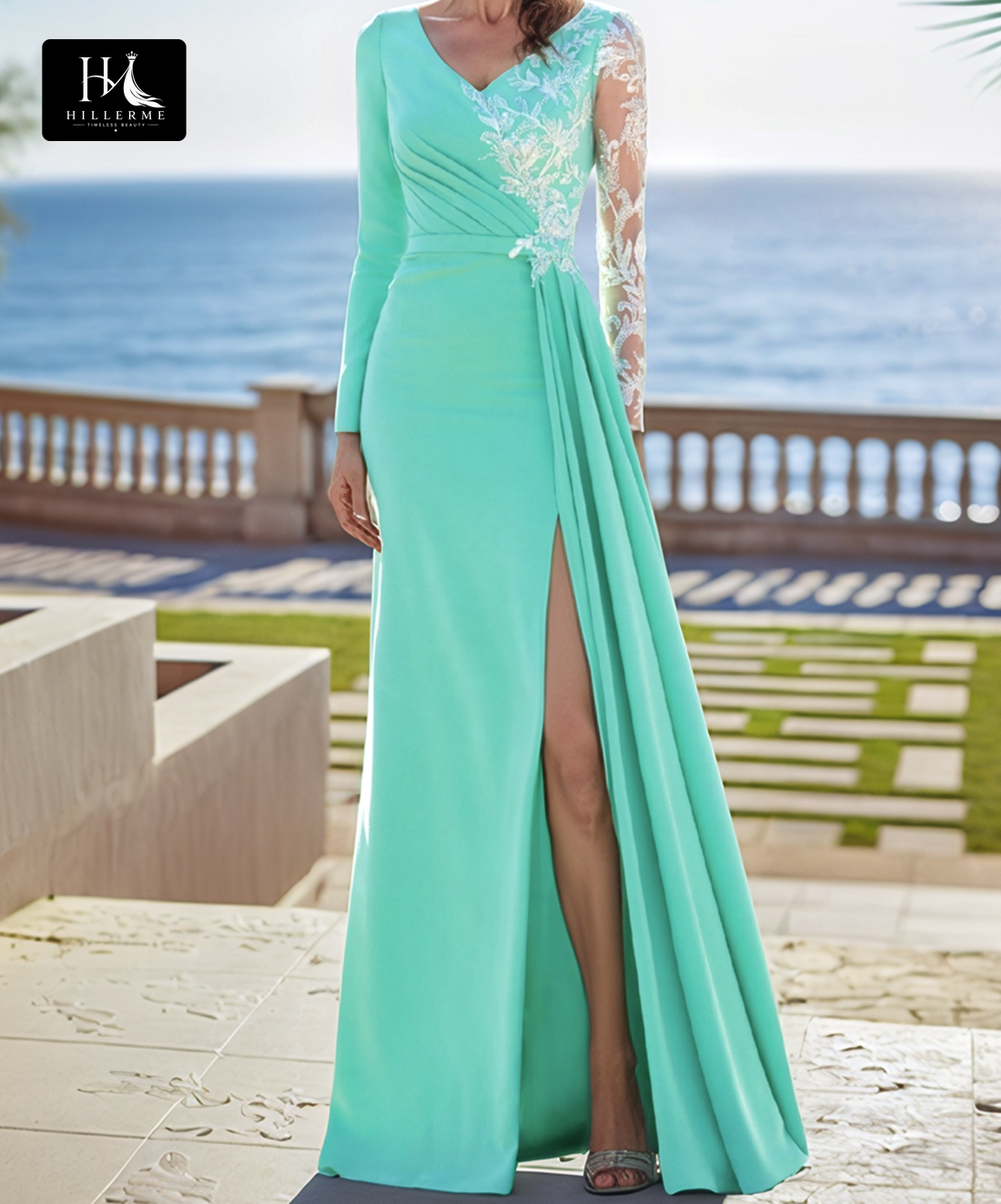 V-Neck Long-Sleeve A-Line Mother of the Bride Dress with Lace Applique and Pleated Satin Skirt